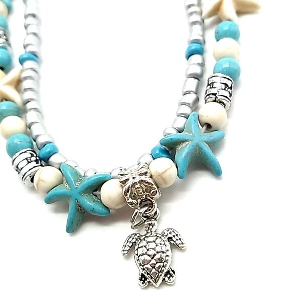 Double Strand Anklet Starfish Beaded Turtle Charm Turquoise & White NWOT - Picture 3 of 11